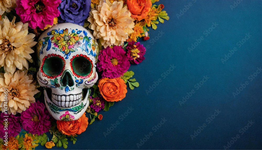 Uma caveira mexicana pintada de flores, com um arranjo de flores diversas e coloridas com fundo azul escuro. Uma caveira mexicana pintada de flores, com um arranjo de flores diversas e coloridas com fundo azul escuro.