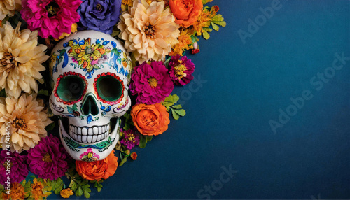 Uma caveira mexicana pintada de flores, com um arranjo de flores diversas e coloridas com fundo azul escuro.