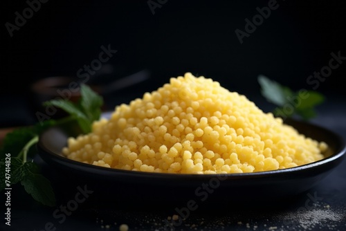 Exquisite couscous on a slate plate against a grey concrete background