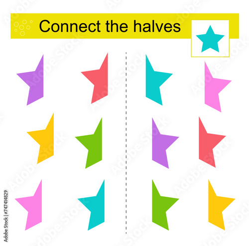 Logic game for children Find the halves of shapes. Printable page for brainteaser book.