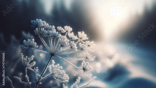 Frost-covered wildflowers against a soft winter sunrise, delicate nature in the cold, serene winter beauty concept
