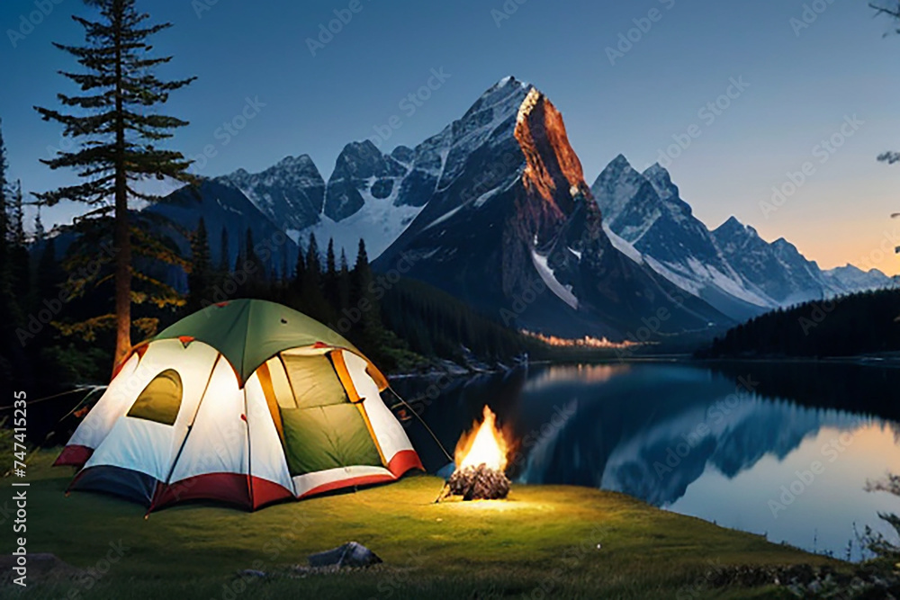 camping in the mountains, tent beside a lovely fireplace and pine trees