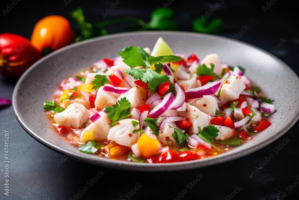 Hearty ceviche on a marble slab against a grey concrete background