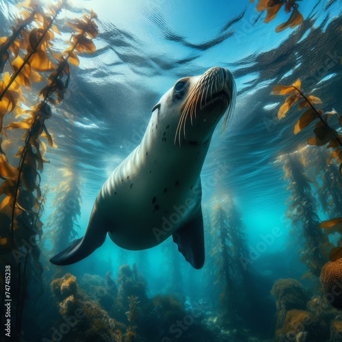 Sea lion swims through kelp beds, in the crystal clear ocean waters  © robfolio