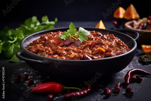 Tasty chili con carne on a ceramic tile against a grey concrete background