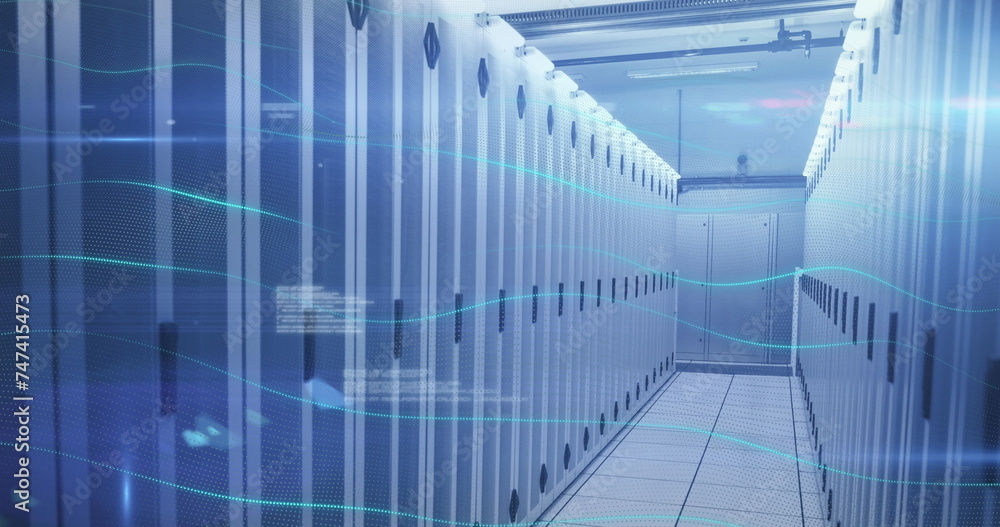 Image of data processing and waves moving over servers Image of data processing and waves moving over servers