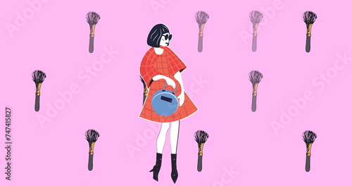 Image of brush icons and model over pink background