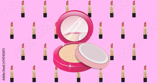 Image of powder and lipsticks icons and style text on purple background