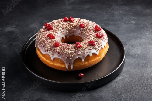 Hearty doughnut on a metal tray against a grey concrete background