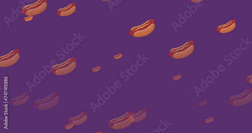 Image of falling hot dogs icons on purple background