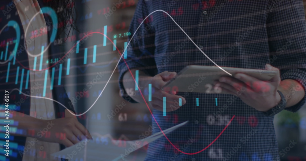 Image of financial data processing over business people shaking hands in office Image of financial data processing over business people shaking hands in office