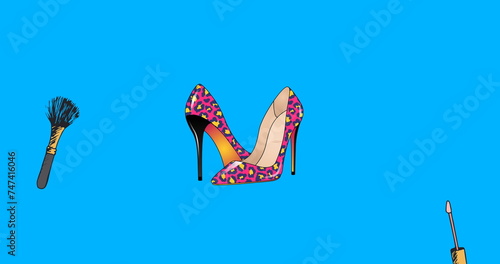 Image of shoes icons and brushes on blue background