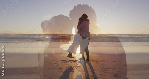 Image of married african american couple over african american couple at beach
