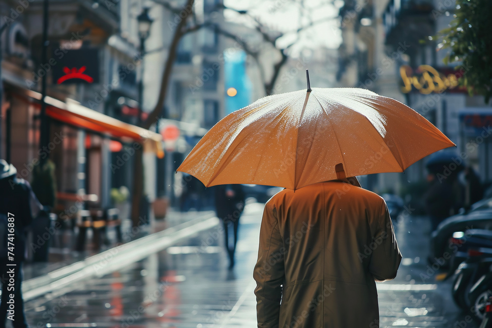 A man walking down a street, holding an umbrella on a sunny day