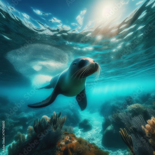 Sea lion swims in the crystal clear ocean waters 