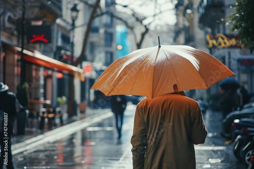 A man walking down a street  holding an umbrella on a sunny day