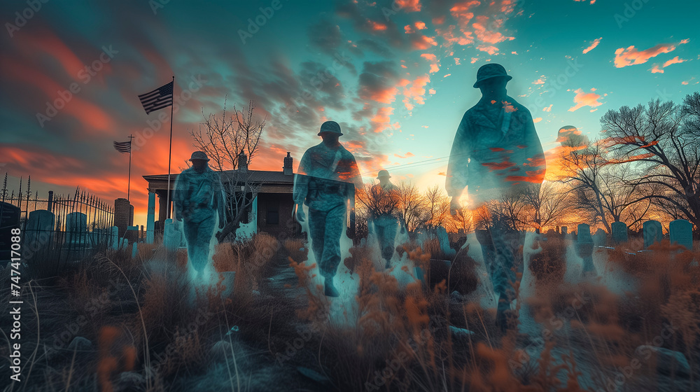 Ghostly Apparitions Of Soldiers In A Cemetery With American Flags At Sunset.