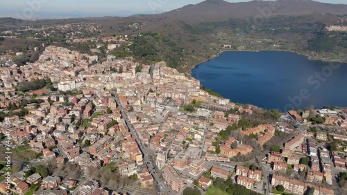 Aerial view of Genzano di Roma. It is a town of Castelli Romani regional park, near Rome, Italy. The historic center is located in the Alban Hills overlooking Lake Nemi, a volcanic crater lake.  photo