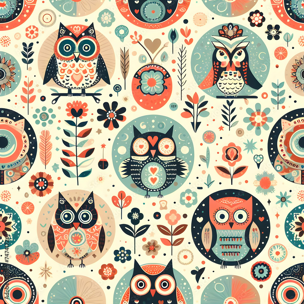 Naklejka premium seamless pattern with owls seamless, flowers, design, vector, texture, wallpaper, art, decor, pink, cartoon, floral, nature, flower, birds, repetition, illustration, Ai generated 