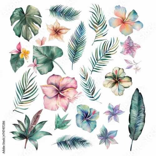 a collection of tropical leaves and flowers