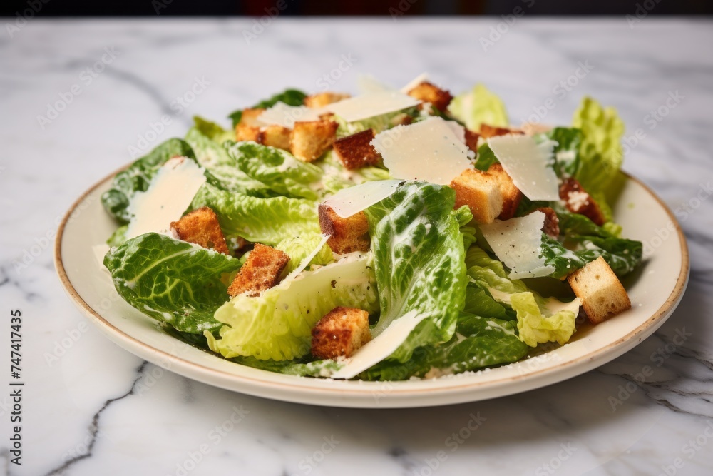 Macro view photography of a juicy caesar salad on a marble slab against a white marble background. AI Generation Macro view photography of a juicy caesar salad on a marble slab against a white marble background. AI Generation