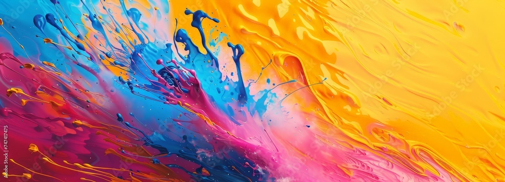 a colorful paint splashing in a yellow and blue background - obrazy, fototapety, plakaty 