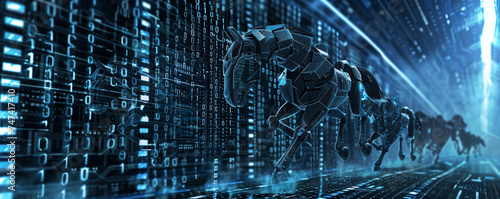 An encrypted digital vault being attacked by a swarm of trojan horses illustrating the relentless nature of cybercrime photo