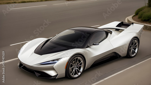 Modern White Electric Sports Car With Black Accents And Charging Cable In A Studio Lighting. © Greg Kelton