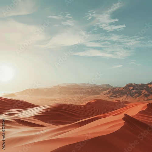 a desert with sand dunes and mountains and blue sky