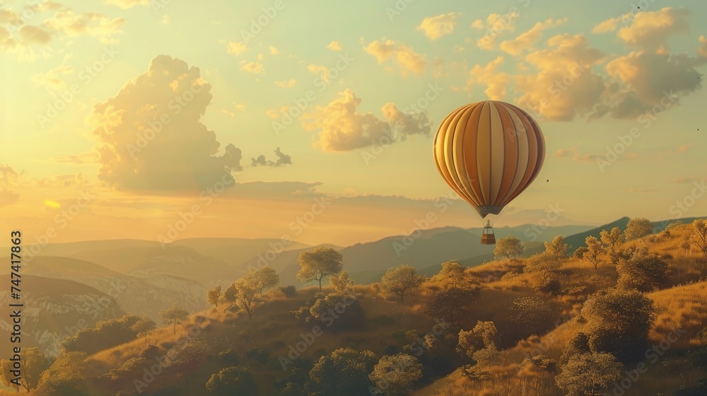 Hot air balloon floating in the sky over the hill 