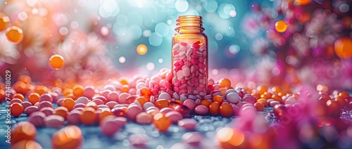 colorful pills all over a bottle of jar, in the style of darktable processing, colourful. Generative AI. photo