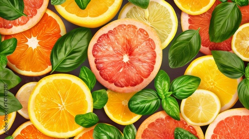 Lemon, oranges, grapefruit slice, basil leaves seamless pattern rasterized copy  photo