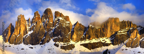 Beauty in nature - most beautiful mountain range in europe - Dolomites Alps. aerial view of stunning rocks over sunset. Vall di Funes, south Tyrol, Italy