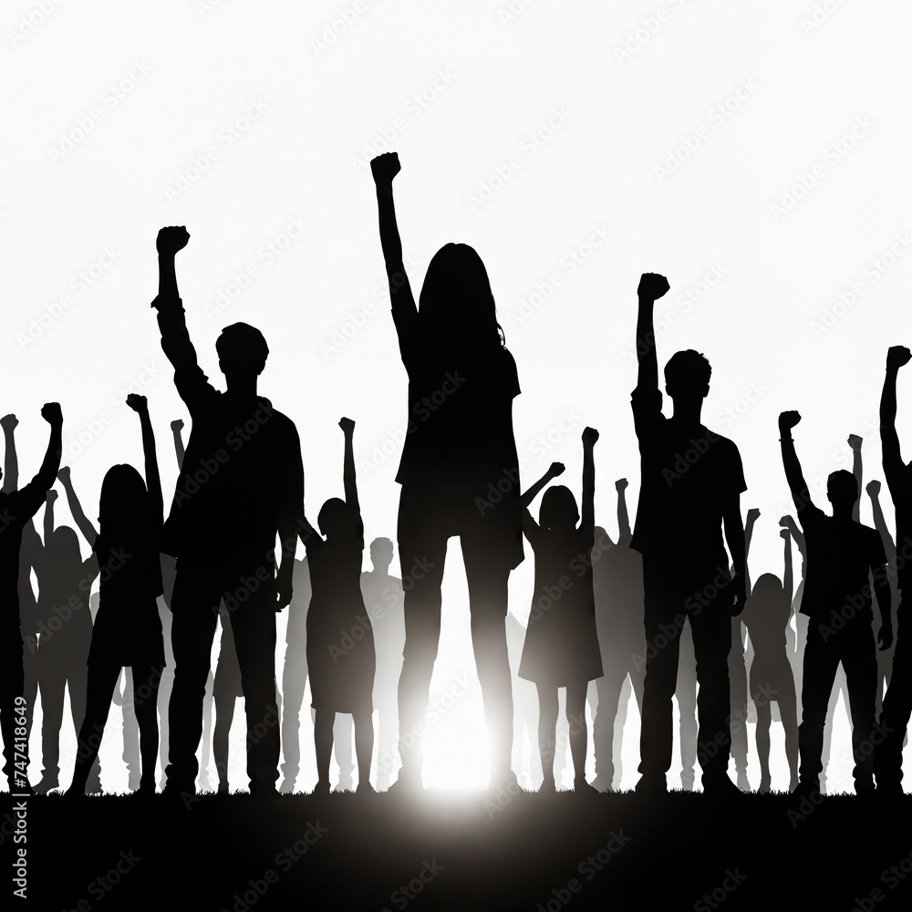 Fototapeta premium Silhouette Men and Women Holding Fists in the Air, Stay strong, Solidarity, Protesting or Unity concept