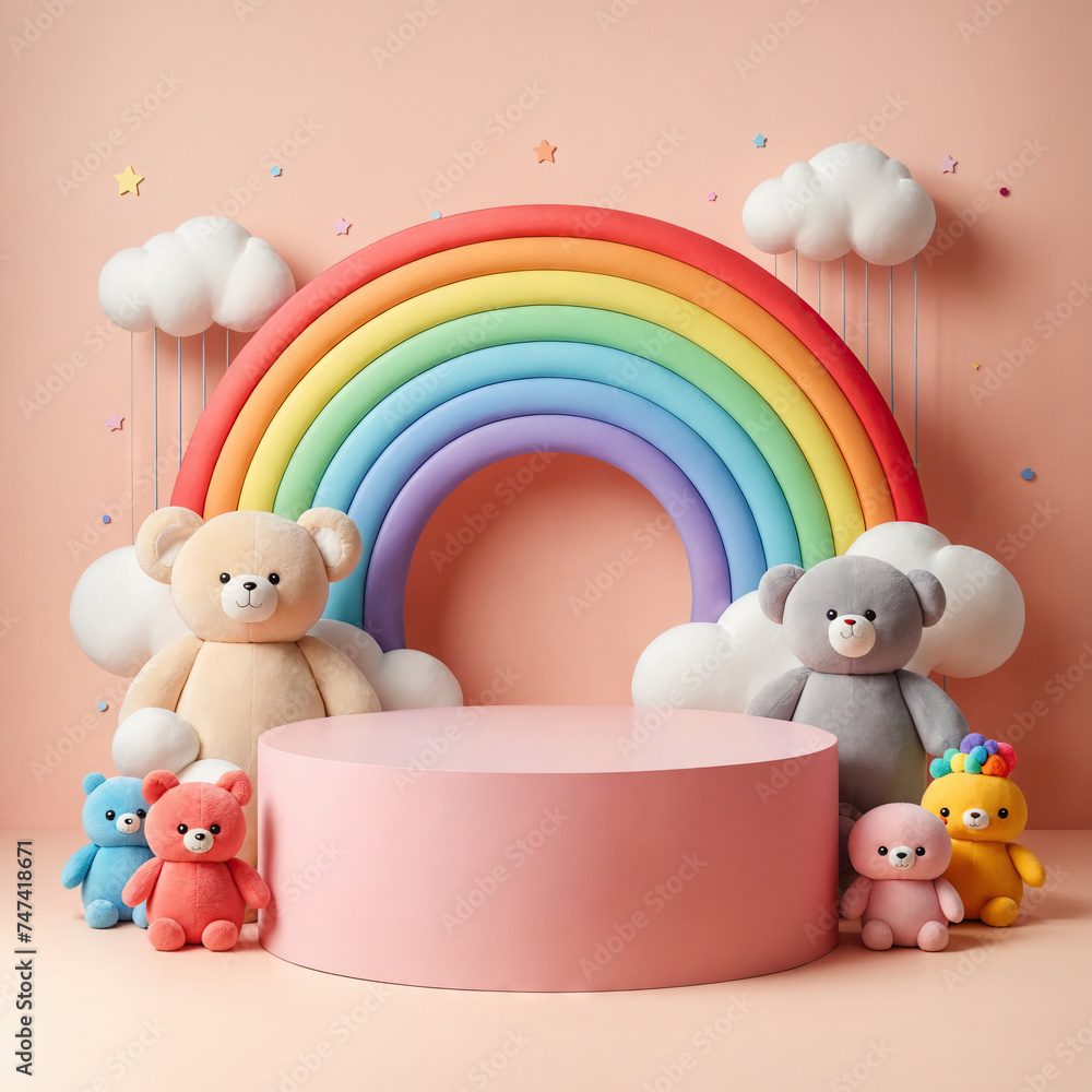 Obraz premium Round podium with rainbow and plush soft colorful toys