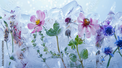 various flowers and plants encased in ice, creating a beautiful yet frozen scene
