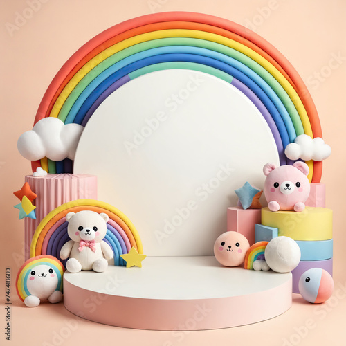 Round podium with rainbow and plush soft colorful toys