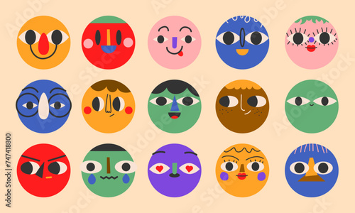 Round portraits of diverse people.Cute funny characters. Cartoon, minimal, abstract contemporary style. Avatar, icon templates. Hand drawn Vector isolated illustrations EPS10