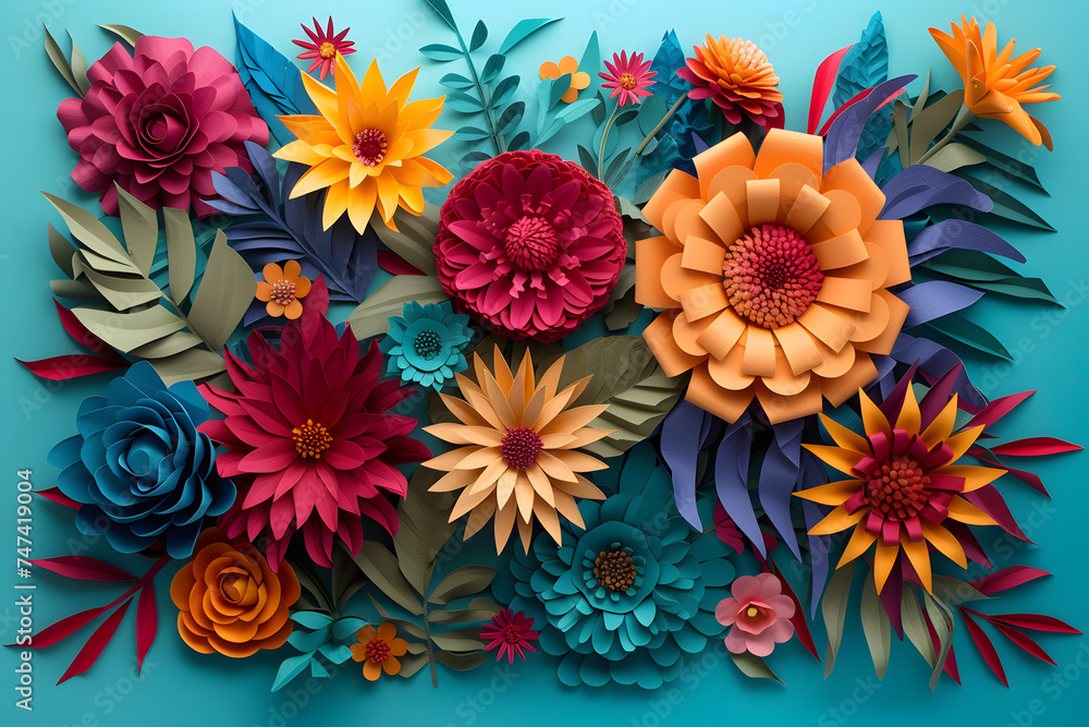 Colorful handmade paper flowers with leaves and branches on a blue background. Vibrant and flat light turquoise composition with copy space. Colorful handmade paper flowers with leaves and branches on a blue background. Vibrant and flat light turquoise composition with copy space.