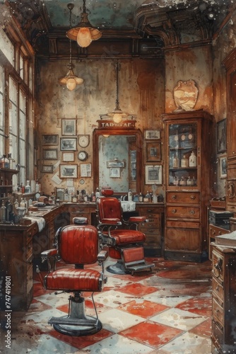 The interior of a stylish barbershop. Illustration