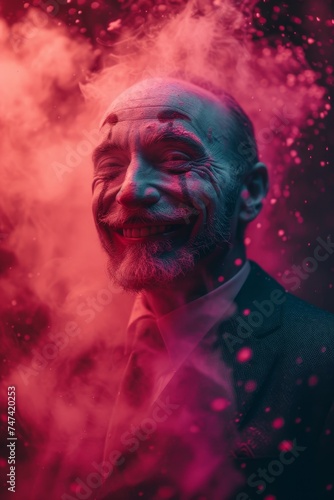 A cheerful smiling man in pink smoke. The man in pink powder