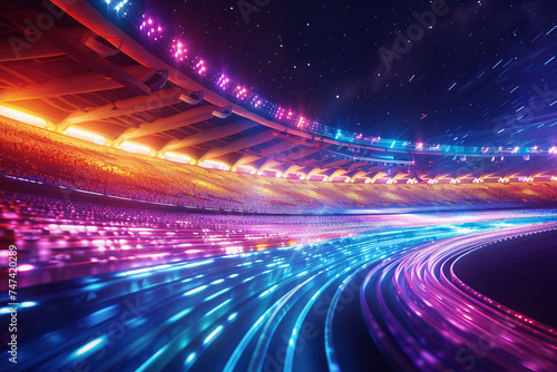 Vibrant stadium lights with a neon digital racetrack extending towards horizon © alexandr