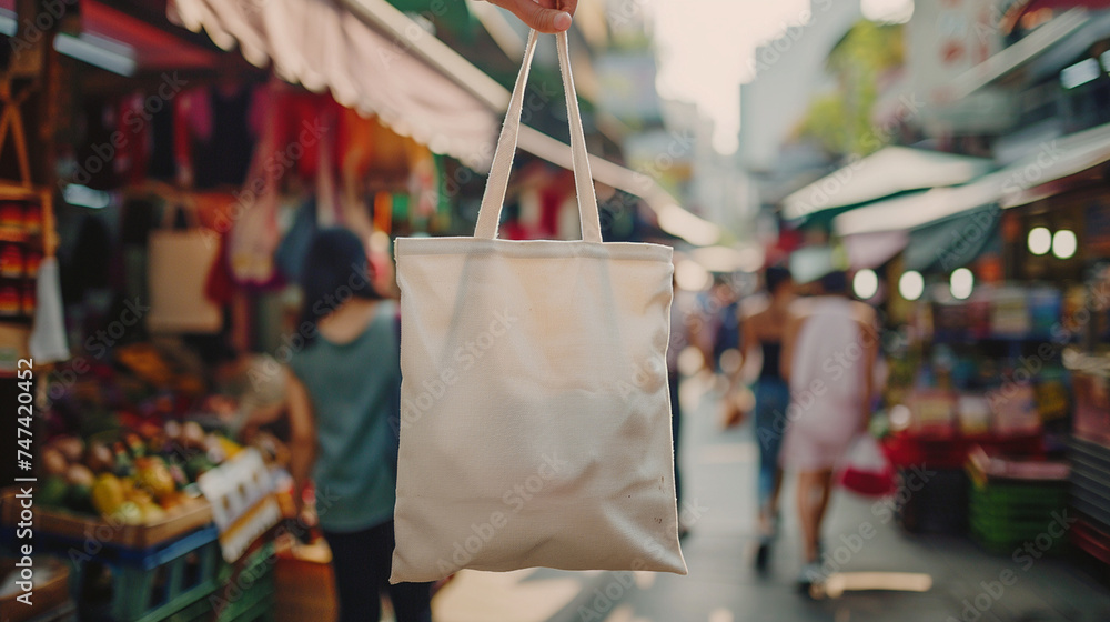 A canvas bag hanging from one finger, with a bustling street market in the background, emphasizing everyday utility and style, person holding bag canvas fabric for mockup blank tem