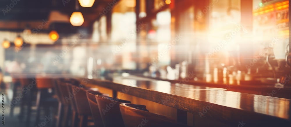 A blurry image captures the interior of a restaurant, showcasing a row of tables and chairs. The vintage filter adds a nostalgic touch to the scene. A blurry image captures the interior of a restaurant, showcasing a row of tables and chairs. The vintage filter adds a nostalgic touch to the scene.