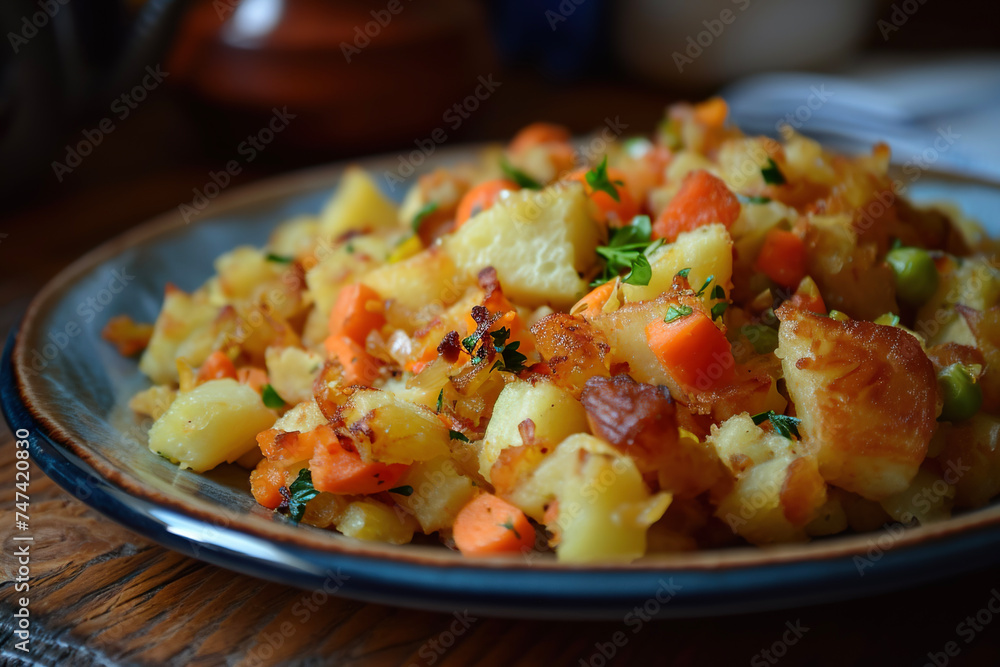 A plate of bubble and squeak, a dish made from leftover vegetables, usually from a roast dinner, which are fried together in a pan A plate of bubble and squeak, a dish made from leftover vegetables, usually from a roast dinner, which are fried together in a pan