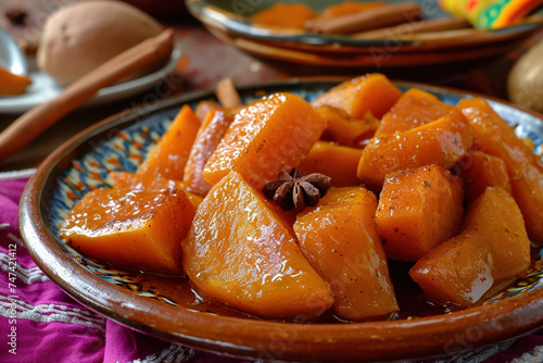 A plate of camotes enmielados, a traditional Mexican dessert made with sweet potatoes that are cooked in a syrup made from piloncillo (unrefined cane sugar), cinnamon, and cloves. photo
