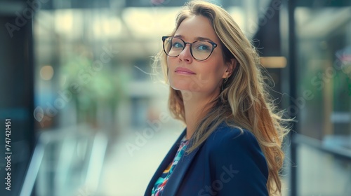 We see a 35 year old woman, she is pretty and has long blonde hair and wears glasses with clear lenses. She wears a modern blue suit, urban and casual style with a colorful t-shirt. She is standing