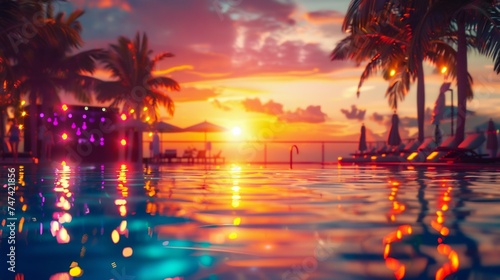 Tropical Resort Pool at Sunset. Generative ai