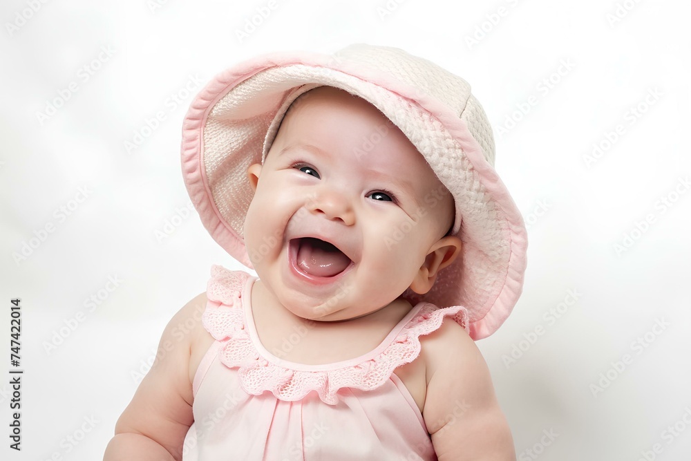 Portrait of cute newborn laughing happy baby in pink dress as studio shoot on a white background Portrait of cute newborn laughing happy baby in pink dress as studio shoot on a white background