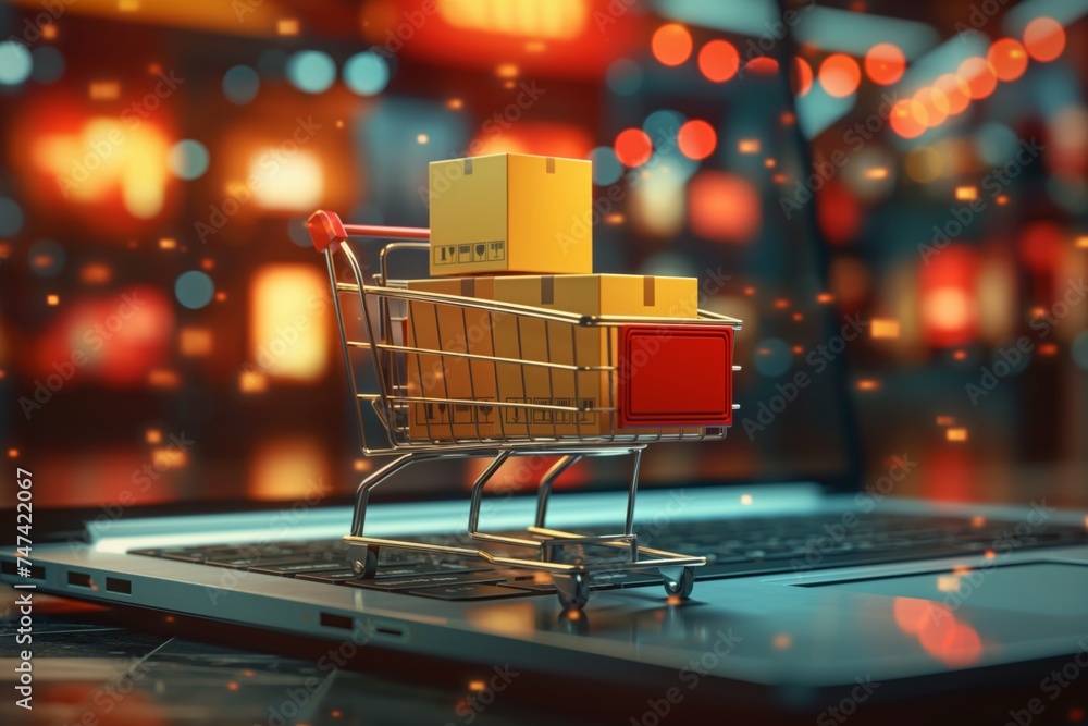 Shopping cart with many packages on a laptop desktop,  blurred details, defocused bokeh effect, online shopping concept.